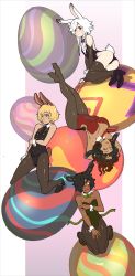 Rule 34 | 4girls, animal ears, ass, bare shoulders, black footwear, black hair, black legwear, black leotard, black neckwear, blonde hair, breasts, brit (d-rex), brown hair, buttons, cleavage, commentary, covered navel, d-rex, dark skin, double-breasted, easter egg, egg, green footwear, green leotard, hair over one eye, hat, high heels, highres, large breasts, leotard, long hair, looking at viewer, multiple girls, necktie, original, pantyhose, playboy bunny, rabbit ears, rabbit tail, red eyes, red leotard, seiza, shoes, short hair, short hair with long locks, sitting, small breasts, standing, strapless, strapless leotard, tail, thighhighs, upside-down, white hair, wrist cuffs
