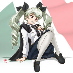 Rule 34 | 10s, 1girl, anchovy (girls und panzer), anchovy (girls und panzer), arm support, artist name, belt, black footwear, black necktie, black ribbon, black skirt, cape, dress shirt, drill hair, emblem, flag background, flag print, full body, girls und panzer, green hair, grin, hair ribbon, holding, italian flag, itochan, loafers, long hair, long sleeves, looking at viewer, miniskirt, necktie, pantyhose, pleated skirt, red eyes, ribbon, riding crop, school uniform, shirt, shoes, signature, sitting, skirt, smile, solo, twin drills, twintails, white pantyhose, white shirt