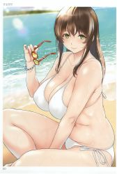 Rule 34 | 1girl, absurdres, artist name, bare shoulders, bikini, blurry, blurry background, bracelet, breasts, brown hair, cleavage, day, glasses, green eyes, highres, holding, jewelry, kemigawa mondo, large breasts, long hair, looking at viewer, navel, ocean, outdoors, page number, red-framed eyewear, scan, shiny skin, shore, side-tie bikini bottom, sitting, smile, solo, stomach, sunlight, swimsuit, toranoana, water, white bikini