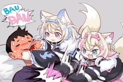 Rule 34 | 1boy, 2girls, animal ears, blonde hair, collar, dog ears, dog girl, dog tail, fuwawa abyssgard, fuwawa abyssgard (1st costume), headphones, headphones around neck, holoadvent, hololive, hololive english, mococo abyssgard, mococo abyssgard (1st costume), multiple girls, siblings, sisters, tail, thermometer, twins, virtual youtuber, wishbone777