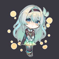 Rule 34 | 1girl, ankle boots, blue hair, blush, boots, brown jacket, chibi, collared shirt, dot mouth, firefly (honkai: star rail), fold-over boots, full body, gloves, gradient legwear, gradient skirt, green skirt, grey background, hairband, head tilt, highres, honkai: star rail, honkai (series), jacket, legs together, long hair, looking at viewer, naphele yun, neckerchief, sailor jacket, shirt, skirt, solo, thighhighs, two-tone eyes, v arms, very long hair, white gloves, white shirt, yellow neckerchief