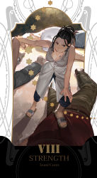 Rule 34 | 1girl, 3boys, black hair, breast tattoo, breasts, character name, cleavage, collarbone, commentary, defeat, dreadlocks, emmmerald, english commentary, flamel symbol, flip-flops, fullmetal alchemist, hand on own knee, head out of frame, highres, izumi curtis, jewelry, looking at viewer, multiple boys, out of frame, outside border, revision, ring, sandals, smile, solo focus, standing, standing on person, star (symbol), stepped on, strength (tarot), tarot, tarot (medium), tattoo, toes, unbuttoned, unconscious, wedding ring