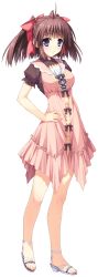 Rule 34 | 1girl, berry&#039;s, blush, bow, brown hair, dress, feet, full body, game cg, hand on own hip, highres, izuno youko, kimizuka aoi, looking at viewer, purple eyes, ribbon, sandals, short hair, short sleeves, simple background, smile, solo, standing, toes, transparent background