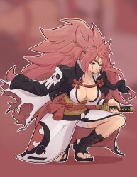 Rule 34 | 1girl, absurdres, amputee, baiken, big hair, black jacket, black kimono, breasts, cleavage, eyepatch, facial tattoo, guilty gear, guilty gear strive, highres, jacket, jacket on shoulders, japanese clothes, kataginu, kimono, large breasts, long hair, looking at viewer, multicolored clothes, multicolored kimono, one-eyed, open clothes, open kimono, ponytail, red eyes, red hair, samurai, sandals, scar, scar across eye, smgold, tattoo, white kimono, zouri