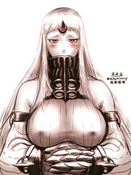 Rule 34 | 10s, 1girl, abyssal ship, blush, breast hold, breasts, character name, claws, colored skin, covered erect nipples, covered mouth, dated, dress, female focus, horns, kantai collection, large breasts, long hair, looking at viewer, monochrome, narrowed eyes, own hands together, red eyes, ribbed dress, ribbed sweater, seaport princess, short dress, simple background, single horn, solo, spot color, sweater, sweater dress, symmetry, taikyokuturugi, twitter username, upper body, very long hair, white background, white dress, white hair, white skin
