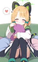 Rule 34 | 1girl, :d, animal ear headphones, animal ears, ayanepuna, black footwear, black shorts, black thighhighs, blonde hair, blue archive, blush, bow, cat ear headphones, cat tail, couch, dot nose, facing viewer, fake animal ears, fake tail, feet out of frame, green bow, green halo, grin, hair bow, halo, headphones, heart, highres, hood, hood down, hooded jacket, hugging object, jacket, knees together feet apart, knees up, long bangs, long sleeves, midori (blue archive), on couch, open mouth, panties, panties under shorts, panty peek, pillow, pillow hug, shoes, short hair, shorts, sidelocks, simple background, sitting, sitting on object, sleeves past wrists, smile, solo, spoken heart, tail, teeth, thighhighs, thighs, underwear, white background, white jacket, zettai ryouiki