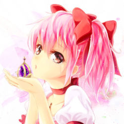 Rule 34 | 10s, 1girl, :o, brown eyes, choker, collarbone, engiyoshi, female focus, gradient background, hair ribbon, kaname madoka, looking at viewer, magical girl, mahou shoujo madoka magica, mahou shoujo madoka magica (anime), pink eyes, pink hair, portrait, ribbon, short hair, short twintails, solo, soul gem, tears, twintails, white background