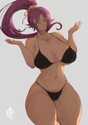 1girl absurdres artist_name bare_shoulders bikini black_bikini bleach breasts collarbone curvy dark-skinned_female dark_skin female_focus grey_background hair_ornament highres ikeart large_breasts long_hair looking_at_viewer navel parted_bangs ponytail purple_hair shihouin_yoruichi simple_background swimsuit thick_thighs thighs wide_hips yellow_eyes