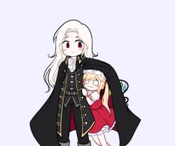 Rule 34 | 1boy, 1girl, :&lt;, alucard (castlevania), ascot, black cape, black jacket, black pants, black vest, blonde hair, blush stickers, boots, cape, castlevania (series), chibi, cowboy shot, crossover, dhampir, dreamysuite, flandre scarlet, frills, grey background, half-human, hat, jacket, leaning on person, long hair, mob cap, o o, pants, red eyes, scared, side ponytail, simple background, touhou, undead, under another&#039;s clothes, vampire, very long hair, vest, wavy mouth, white ascot, white hair, wings, wrist cuffs, yellow ascot