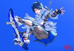 Rule 34 | 1boy, armor, black gloves, blue background, blue hair, blue theme, breastplate, brown eyes, english text, fingerless gloves, gloves, greaves, hair between eyes, highres, knight, male focus, open mouth, original, panko (drive co), pauldrons, shoes, shoulder armor, signature, simple background, skateboard, skateboarding, sneakers, solo, sword, teeth, tongue, turtleneck, vambraces, weapon, weapon on back