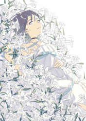 Rule 34 | 1girl, absurdres, asakura toru, black choker, black hair, blue hair, blue ribbon, choker, commentary request, dress, dutch angle, flower, gradient hair, hand on own stomach, hand up, highres, idolmaster, idolmaster shiny colors, kakuzato, lily (flower), looking at viewer, lying, multicolored hair, off-shoulder dress, off shoulder, on back, parted lips, ribbon, short hair, solo, teeth, white dress, white flower