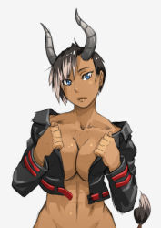 Rule 34 | 1girl, abs, asymmetrical bangs, bad deviantart id, bad id, bankage, black hair, blue eyes, borrowed character, bottomless, breasts, cleavage, collarbone, commentary, cow tail, cropped jacket, dark-skinned female, dark skin, demon girl, demon horns, grey hair, horns, jacket, large breasts, lips, multicolored hair, no bra, open clothes, open jacket, original, out-of-frame censoring, parted lips, short hair, solo, tail, two-tone hair, undressing, very short hair