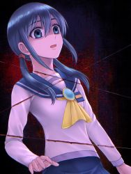 Rule 34 | 1girl, aqua eyes, aqua hair, blood, corpse party, cpsuna5119, guro, highres, long hair, looking down, low twintails, open mouth, school uniform, shaded face, shinozaki ayumi, skirt, solo, spoilers, twintails, wire