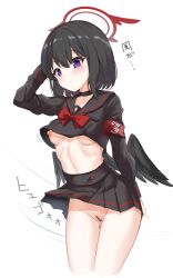 Rule 34 | 1girl, black hair, black serafuku, black skirt, black wings, blue archive, blush, bow, breasts, censored, choker, closed mouth, clothes lift, commentary request, cowboy shot, feathered wings, gloves, gluteal fold, hair between eyes, halo, highres, long hair, long sleeves, looking at viewer, mashiro (blue archive), miniskirt, navel, neckerchief, nipples, no bra, no panties, pleated skirt, purple eyes, pussy, rumiya9i, sailor collar, school uniform, serafuku, shirt, short hair, simple background, skirt, skirt lift, solo, standing, stomach, thighs, underwear, white background, wind, wind lift, wings