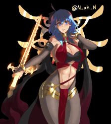 Rule 34 | 1girl, absurdres, alternate costume, armlet, bare shoulders, blue eyes, blue hair, blush, bodystocking, bodysuit, bra, bracelet, breasts, bridal gauntlets, bridal legwear, byleth (female) (fire emblem), byleth (fire emblem), cleavage, clothing cutout, collar, cosplay, curvy, dancer, detached sleeves, dorothea arnault, dorothea arnault (cosplay), eyes of grima, feather hair ornament, feathers, fire emblem, fire emblem: three houses, fire emblem heroes, gold choker, gold trim, hair between eyes, hair ornament, hand in own hair, highres, jewelry, large breasts, lene (fire emblem), lene (fire emblem) (cosplay), loincloth, long hair, looking at viewer, midriff, n ah n, navel, navel cutout, nintendo, open mouth, pantyhose, resolution mismatch, revealing clothes, see-through, see-through legwear, see-through sleeves, simple background, solo, source smaller, sword of the creator, thighs, underwear, wide hips