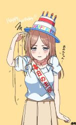 Rule 34 | 1girl, bang dream!, bang dream! it&#039;s mygo!!!!!, birthday sash, blue eyes, blush, brown hair, brown skirt, cake hat, commentary, confetti, cowboy shot, english text, happy birthday, hashtag-only commentary, highres, jewelry, long hair, nagasaki soyo, necklace, ora (oraora oekaki), pleated skirt, shirt, short sleeves, simple background, skirt, solo, sweatdrop, translated, white shirt, yellow background