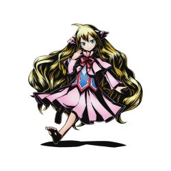 Rule 34 | 10s, 1girl, ahoge, barefoot, blonde hair, divine gate, dress, fairy tail, female focus, flat chest, floating hair, full body, green eyes, hair ornament, long hair, looking at viewer, mavis vermilion, neck ribbon, official art, pink dress, red ribbon, ribbon, shadow, smile, solo, transparent background, ucmm, very long hair