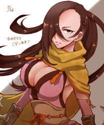 Rule 34 | !, !!, 1girl, aoaoao aoao, breasts, brown hair, cleavage, fire emblem, fire emblem fates, hair over one eye, kagero (fire emblem), large breasts, long hair, nintendo, ponytail, scarf, solo