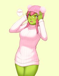 Rule 34 | 1girl, alisa (razalor), beanie, blush, breasts, colored skin, commentary, dress, green eyes, green skin, hat, long hair, medium breasts, multicolored eyes, open mouth, original, pink hair, pink sweater, razalor, red eyes, solo, sweater, sweater dress, turtleneck, turtleneck sweater, yellow eyes