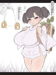 Rule 34 | 1girl, breasts, food, fundoshi, huge breasts, hypnosis, japanese clothes, mind control, ramoni, short hair, smirk, thighs, twintails, vegetable