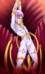 Rule 34 | 00s, 1girl, arms up, bodysuit, bones (company), breasts, cheza, colored sclera, crotchless, crying, fellatio, kyder, legs apart, light purple hair, lipstick, makeup, navel, oral, petite, pink eyes, purple lips, rape, red sclera, restrained, saliva, short hair, small breasts, solo, tears, tentacles, wolf&#039;s rain