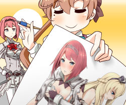 Rule 34 | 10s, 2girls, akigumo (kancolle), ark royal (kancolle), blonde hair, blunt bangs, blush, bob cut, braid, breasts, brown hair, cleavage, cleavage cutout, closed eyes, clothing cutout, corset, covering breasts, covering privates, crown, drawing (object), fingerless gloves, flower, french braid, gloves, gudon (iukhzl), hair between eyes, hand on own hip, holding, holding drawing, holding pen, jacket, kantai collection, long hair, long sleeves, looking at another, looking at viewer, mini crown, mole, mole under eye, multiple girls, overskirt, pantyhose, pen, ponytail, red flower, red hair, red ribbon, red rose, ribbon, rose, shorts, small breasts, smile, standing, tiara, torn clothes, warspite (kancolle), white jacket, white legwear, yellow background
