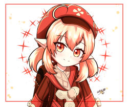 Rule 34 | +++, 1girl, ahoge, alkalenz, backpack, bag, blonde hair, brown scarf, cabbie hat, clover print, coat, commentary, english commentary, genshin impact, hair between eyes, hat, head tilt, highres, klee (genshin impact), long hair, looking at viewer, low twintails, orange eyes, pointy ears, randoseru, red coat, red hat, scarf, sidelocks, simple background, smile, solo, twintails, twitter username, white background