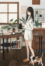 Rule 34 | 1girl, :d, absurdres, black eyes, black hair, bookshelf, breasts, cabinet, calendar (object), calico, cat, chair, clock, clothes pin, coffee maker, cup, fence, highres, huge filesize, indoors, jar, kettle, light blush, long hair, long sleeves, looking down, mug, open mouth, orange footwear, original, picture frame, plant, plate, potted plant, ribbed sweater, rug, sako (35s 00), shelf, slippers, small breasts, smile, standing, sugar cube, sweater, teaspoon, watch, white sweater, window, wooden fence, wooden floor