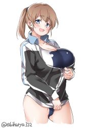 Rule 34 | 1girl, blue eyes, blush, breasts, brown hair, cowboy shot, ebifurya, hair between eyes, highres, intrepid (kancolle), jacket, kantai collection, large breasts, long hair, long sleeves, looking at viewer, one-hour drawing challenge, open mouth, simple background, solo, swimsuit, twitter username, white background
