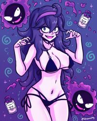 Rule 34 | 1girl, 2others, @ @, arms up, bags under eyes, bikini, black bikini, black nails, bottle, breasts, crazy smile, creatures (company), curly hair, evil grin, evil smile, fangs, fire, game freak, gastly, gen 1 pokemon, gradient background, grin, hair between eyes, headband, hex maniac (pokemon), highres, horror (theme), large breasts, long hair, milk bottle, multiple others, navel, nintendo, open mouth, pokemon, pokemon xy, purple background, purple fire, purple hair, purple headband, smile, sparkle background, spiral, swimsuit, thighs, very long hair, vewuinsky, wide hips