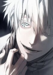 Rule 34 | 1boy, black background, black blindfold, blindfold, blue eyes, extra pupils, gojou satoru, grey sweater, hand up, highres, immngo 331, jujutsu kaisen, looking at viewer, male focus, one eye closed, open mouth, short hair, smile, solo, sweater, upper body, white hair