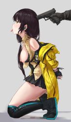 Rule 34 | 1girl, absurdres, bare shoulders, black hair, black skirt, blush, brown sweater vest, commission, from side, full body, girls&#039; frontline, glock, gun, gun to head, handgun, highres, jacket, kneeling, long hair, mod3 (girls&#039; frontline), multicolored hair, nipples, open mouth, party source, restrained, ro635 (girls&#039; frontline), sawkm, second-party source, simple background, skirt, solo focus, sweater vest, torn clothes, weapon, yellow eyes, yellow jacket