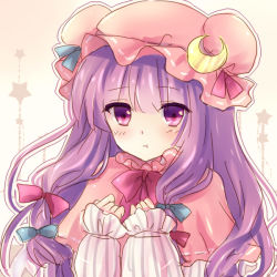 Rule 34 | 1girl, :t, bad id, bad pixiv id, crescent, dress, frilled sleeves, frills, hat, lilith (lilithchan), long hair, long sleeves, mob cap, patchouli knowledge, purple eyes, purple hair, solo, touhou