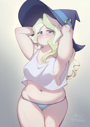 Rule 34 | 1girl, absurdres, armpits, arms behind head, artist name, blonde hair, blue eyes, blush, breasts, closed mouth, cloudxmoe, commentary, cowboy shot, diana cavendish, english commentary, english text, film grain, gradient background, green hair, hat, highres, light green hair, little witch academia, long hair, looking at viewer, medium breasts, multicolored hair, navel, plump, simple background, solo, tareme, thick arms, thick thighs, thighs, two-tone hair, wavy hair, wide hips, witch hat