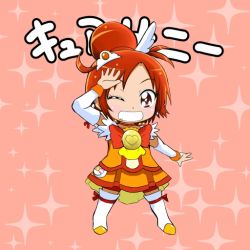 Rule 34 | 10s, 1girl, aged down, arm up, arm warmers, bike shorts, bike shorts under skirt, blush, boots, bootyan, bow, bowtie, brooch, brown eyes, character name, child, choker, cure sunny, dress, full body, grin, hino akane (smile precure!), jewelry, one eye closed, orange background, orange bow, orange bowtie, orange dress, orange skirt, orange theme, precure, red shorts, shorts, shorts under skirt, skirt, smile, smile precure!, solo, sparkle, thigh boots, thighhighs, white thighhighs, wink