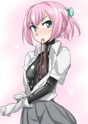 Rule 34 | 10s, 1girl, aqua eyes, ayuayu (shouyu no sato), bodysuit, bodysuit under clothes, female focus, glove pull, gloves, hair ornament, kantai collection, latex, latex suit, looking at viewer, mouth hold, open clothes, open shirt, personification, pink hair, ponytail, school uniform, serafuku, shiny clothes, shiranui (kancolle), shirt, short hair, skirt, solo, white gloves