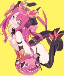 Rule 34 | 1girl, aqua eyes, armor, ass, bikini armor, black thighhighs, blade (galaxist), blush, breasts, curled horns, elizabeth bathory (brave) (fate), elizabeth bathory (fate), fate/grand order, fate (series), horns, long hair, looking at viewer, nipples, open mouth, red armor, red hair, simple background, small breasts, solo, tail, thighhighs, topless, yellow background