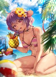 1girl, ahoge, animal ears, ball, bangs, bare arms, bare legs, bare shoulders, beachball, bendy straw, bikini, blurry, blurry foreground, blush, breasts, can, cleavage, collarbone, commentary request, commission, cooler, day, depth of field, drinking straw, eyebrows visible through hair, flower, food, front-tie bikini, front-tie top, fruit, fruit cup, glint, hair between eyes, hair flower, hair ornament, highres, holding, horizon, looking at viewer, menna (0012), navel, ocean, open mouth, original, outdoors, pixiv request, purple hair, red eyes, sand, small breasts, solo, striped, striped bikini, swimsuit, twitter username, upper teeth, water, whisker markings, white flower, yellow flower