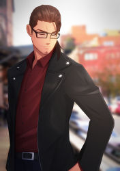 Rule 34 | 1boy, absurdres, bad id, bad pixiv id, belmond banderas, belt, belt buckle, black-framed eyewear, black belt, black jacket, blurry, blurry background, brown hair, buckle, choco (chocovix112), closed mouth, collared shirt, day, depth of field, dress shirt, facial hair, facing viewer, glasses, hand on own hip, highres, jacket, long sleeves, low ponytail, male focus, nijisanji, open clothes, open jacket, outdoors, ponytail, red shirt, shirt, smile, solo, stubble, thick eyebrows, v-shaped eyebrows, virtual youtuber