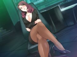 Rule 34 | 1girl, breasts, brown hair, chair, cleavage, high heels, koukaku no ai, large breasts, leather, crossed legs, lilith-soft, miniskirt, miyamura yukari, naughty face, office lady, pencil skirt, sitting, skirt, solo, yellow eyes, zol