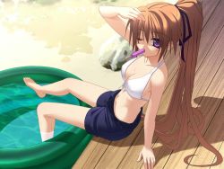 Rule 34 | 1girl, arm support, bikini, bikini top only, black ribbon, black shorts, breasts, brown hair, cleavage, collarbone, covered erect nipples, food, food in mouth, game cg, hair ribbon, large breasts, long hair, looking at viewer, mouth hold, navel, ninozen, one eye closed, outdoors, ponytail, popsicle, purple eyes, ribbon, rock, shorts, soaking feet, solo, sweat, swimsuit, wading pool, water, white bikini