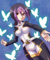 Rule 34 | 1girl, belt, black hair, bodysuit, bug, butterfly, droite (yu-gi-oh!), insect, irouha, looking at viewer, multicolored hair, purple hair, skin tight, solo, two-tone hair, yu-gi-oh!, yu-gi-oh! zexal, yuu-gi-ou, yuu-gi-ou zexal
