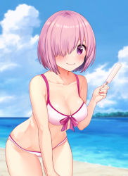 Rule 34 | 1girl, adapted costume, bad id, bad pixiv id, bare arms, bare shoulders, beach, bikini, blush, breasts, collarbone, commentary request, day, fate/grand order, fate (series), hair over one eye, highres, holding, large breasts, looking at viewer, mash kyrielight, mash kyrielight (swimsuit of perpetual summer), ocean, official alternate costume, outdoors, pink bikini, purple eyes, short hair, smile, solo, swimsuit, yoshinobori
