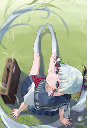 Rule 34 | 1girl, absurdres, alternate costume, arm support, ayaka (genshin impact), bag, blue eyes, blue sailor collar, blue skirt, brown bag, closed mouth, commentary request, day, floating hair, flower knot, from above, genshin impact, grass, hair ribbon, highres, light particles, long hair, looking at viewer, looking up, mole, mole under eye, neckerchief, no shoes, outdoors, pleated skirt, ponytail, red neckerchief, ribbon, sailor collar, school bag, school uniform, serafuku, shirt, short sleeves, sidelocks, skirt, smile, socks, solo, sssong aa, thighs, tress ribbon, very long hair, white hair, white shirt, white socks