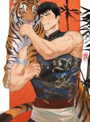 Rule 34 | 1boy, artist name, bandages, bara, black hair, chinese clothes, chinese zodiac, highres, male focus, mature male, muscular, muscular male, original, pants, pectorals, scar, smile, tai (tai xwxy), tiger, tight clothes, yellow eyes