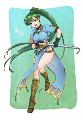 1girl bare_legs black_gloves blue_dress boots breasts brown_footwear china_dress chinese_clothes dress earrings fingerless_gloves fire_emblem fire_emblem:_the_blazing_blade floating_hair gloves gold_trim green_eyes green_hair highleg highres holding holding_sword holding_weapon jewelry large_breasts long_hair looking_at_viewer lyn_(fire_emblem) nintendo open_mouth pelvic_curtain ponytail short_sleeves smile solo sword thighs tsulala44_(oi_thanks) weapon