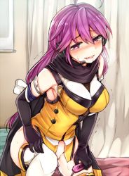 Rule 34 | 1girl, between breasts, black gloves, black scarf, blush, bottomless, breasts, curtains, drooling, elbow gloves, female masturbation, gloves, hair between eyes, half-closed eyes, headset, holding, indoors, kentou kanami, large breasts, long hair, masturbation, nose blush, object insertion, parted lips, purple eyes, purple hair, rance (series), sabujiroko, scarf, sex toy, sitting, smile, solo, thighhighs, trembling, vaginal, vaginal object insertion, very long hair, vibrator, white thighhighs