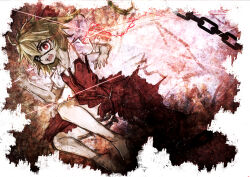 Rule 34 | 1girl, barefoot, blonde hair, bright pupils, chain, collared shirt, commentary request, denpa rasaito, dress, eye trail, eyepatch, flandre scarlet, flat chest, full body, hair between eyes, hair ribbon, light trail, long bangs, long hair, looking at viewer, necktie, one-hour drawing challenge, one side up, open mouth, pinafore dress, red dress, red eyes, red necktie, red ribbon, ribbon, shirt, sleeveless, sleeveless dress, solo, touhou, white pupils, white shirt