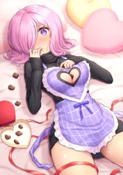 Rule 34 | 1girl, alternate costume, apron, between breasts, black sweater, blue ribbon, blush, box, breasts, candy, chocolate, chocolate heart, cleavage, cleavage cutout, closed mouth, clothing cutout, commentary request, cowboy shot, dress, fate/grand order, fate (series), food, frilled apron, frills, gift, gift box, hair over one eye, hand on own chest, hand up, heart, heart-shaped box, heart apron, heart cutout, heart on chest, heart-shaped pillow, highres, jewelry, long sleeves, looking at viewer, lying, mash kyrielight, medium breasts, necklace, on back, oyaji-sou, pillow, pink hair, plaid, purple apron, purple eyes, red ribbon, ribbed sweater, ribbon, short hair, sleeves past wrists, solo, sweater, sweater dress, thighs, turtleneck, turtleneck sweater, valentine
