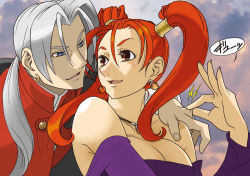 Rule 34 | 1boy, 1girl, angelo, blue eyes, breasts, cleavage, dragon quest, dragon quest viii, earrings, eye contact, hair over shoulder, jessica albert, jewelry, kukuru (dq8), large breasts, long hair, looking at another, necklace, pinching, ponytail, red eyes, red hair, square enix, twintails, white hair, yokoshima tomoaki